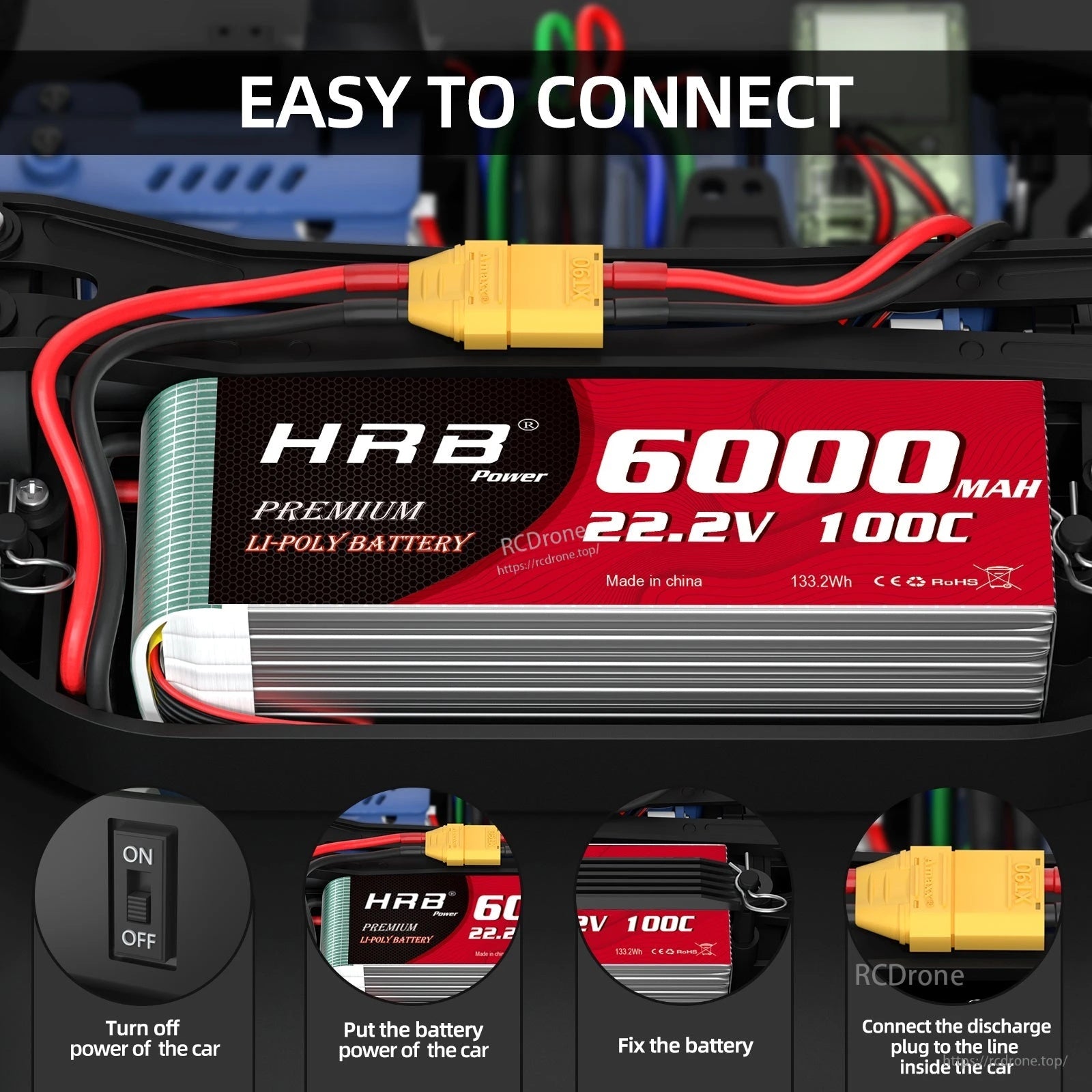 Close-up of HRB 6S LiPo in RC car showing easy XT90 connection and basic installation steps