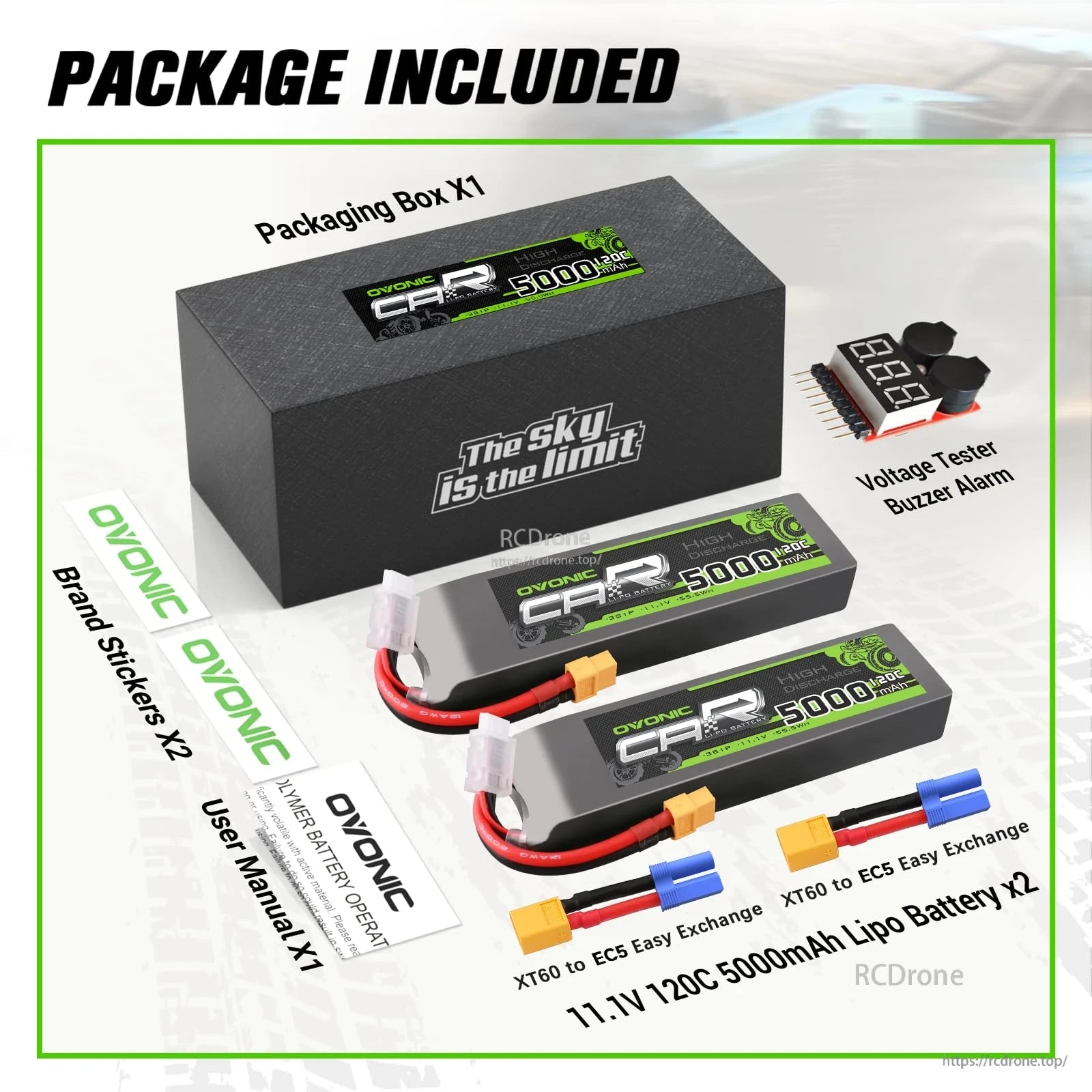 Package included: 2 OVONIC 11.1V 5000mAh 120C LiPo batteries, XT60 adapters, voltage tester, box and manuals