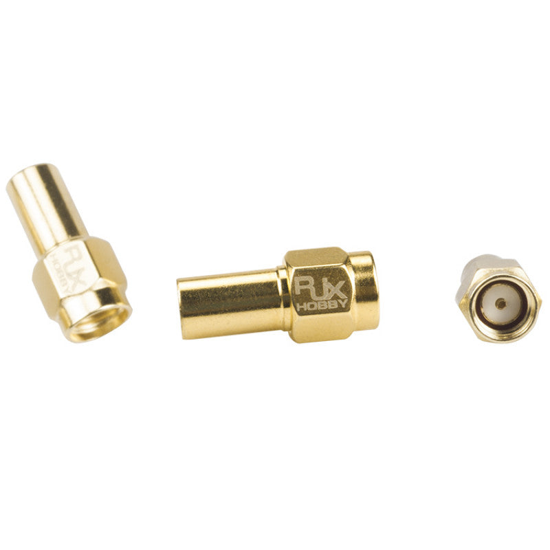 Gold-tone RJXHOBBY RP-SMA male RF coaxial termination load adapters with hex body, shown from multiple angles