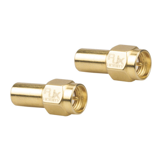 Two gold SMA male RF termination load connectors with hex body and RXHOBBY branding