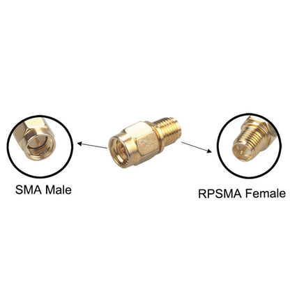 Gold SMA male plug to RP-SMA female RF coaxial adapter with hex body, labeled connector ends