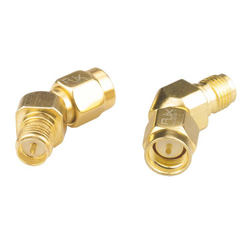 Two gold 45-degree RF coax adapters, SMA male to RP-SMA female right-angle connector pair