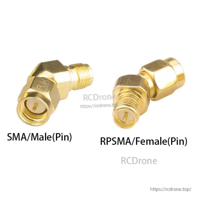 Gold 45-degree SMA male (pin) to RP-SMA female (pin) RF coaxial angle adapter connectors, 2-pack