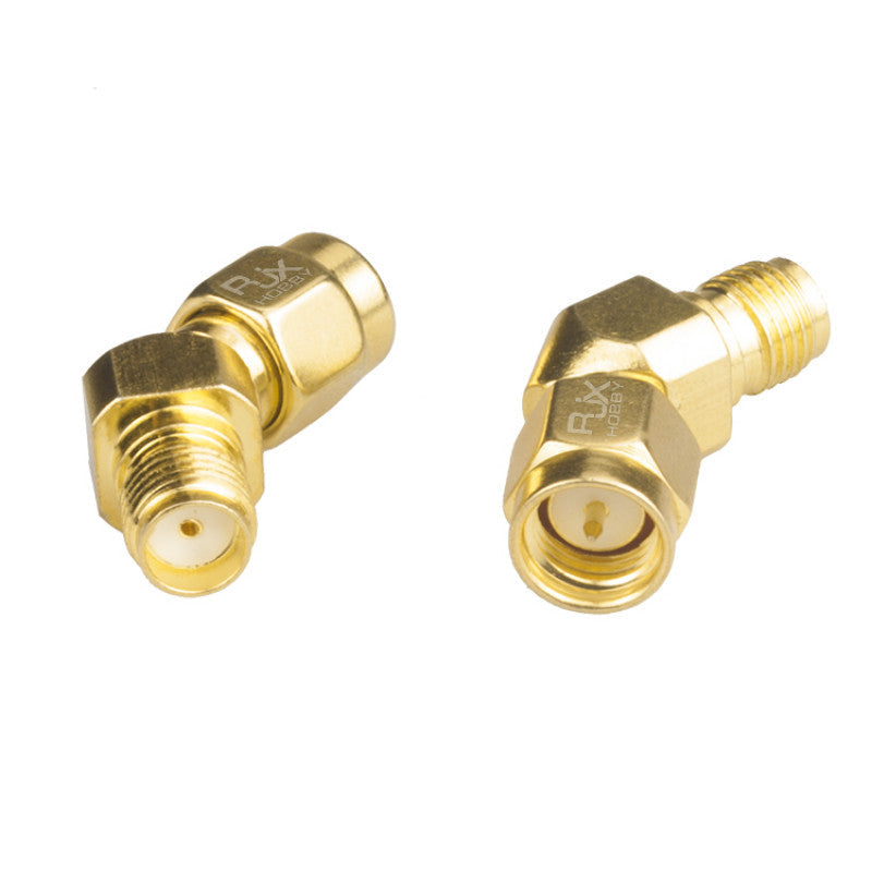 Two gold 45-degree SMA male to SMA female antenna adapter connectors for FPV receiver or goggles