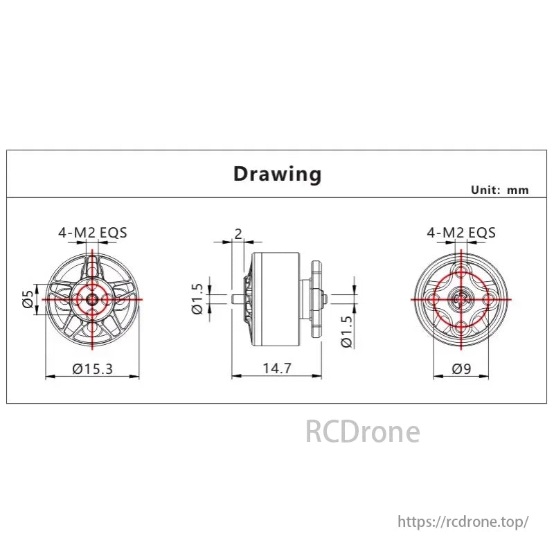 2PCS VCI SPARK 1205 Brushless Motor, VCI SPARK 1205 Brushless Motor dimensions: Ø15.3 mm x Ø9 mm x 14.7 mm length, with 4-M2 EQS mounting holes (unit in mm).