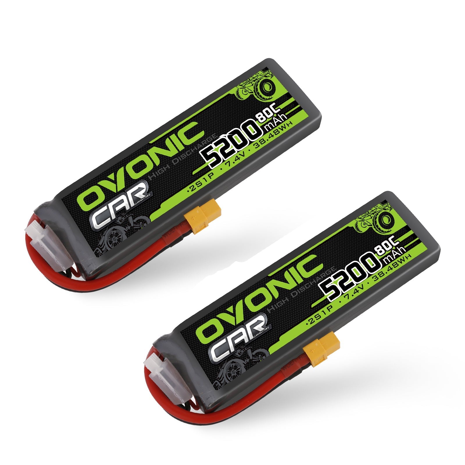 Ovonic 2-Pack 2S 5200mAh 7.4V 80C RC LiPo battery set with XT60 and balance leads