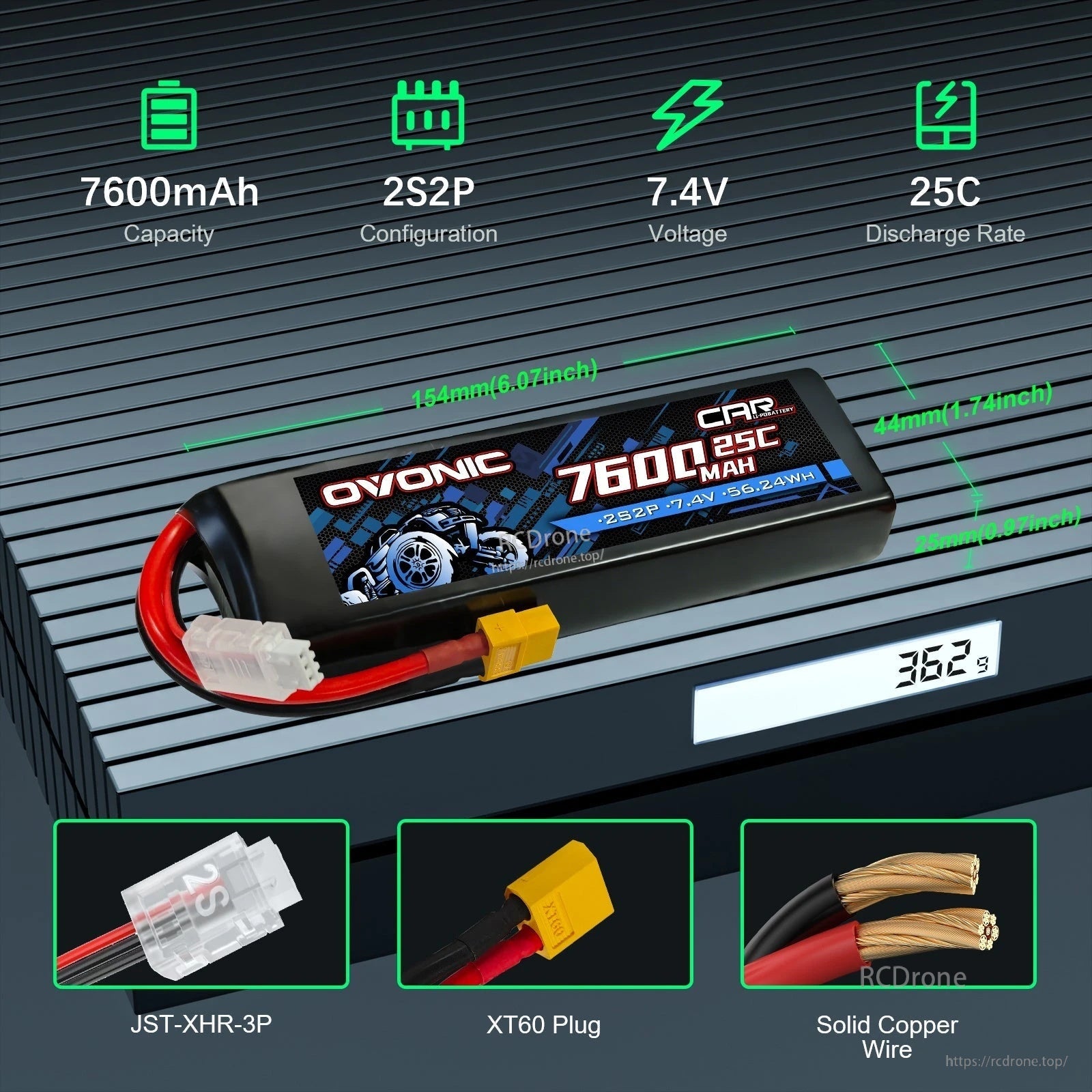 Ovonic 2-pack 7.4V 7600mAh 2S2P 25C LiPo RC car battery with XT60 plug and JST-XHR-3P balance lead
