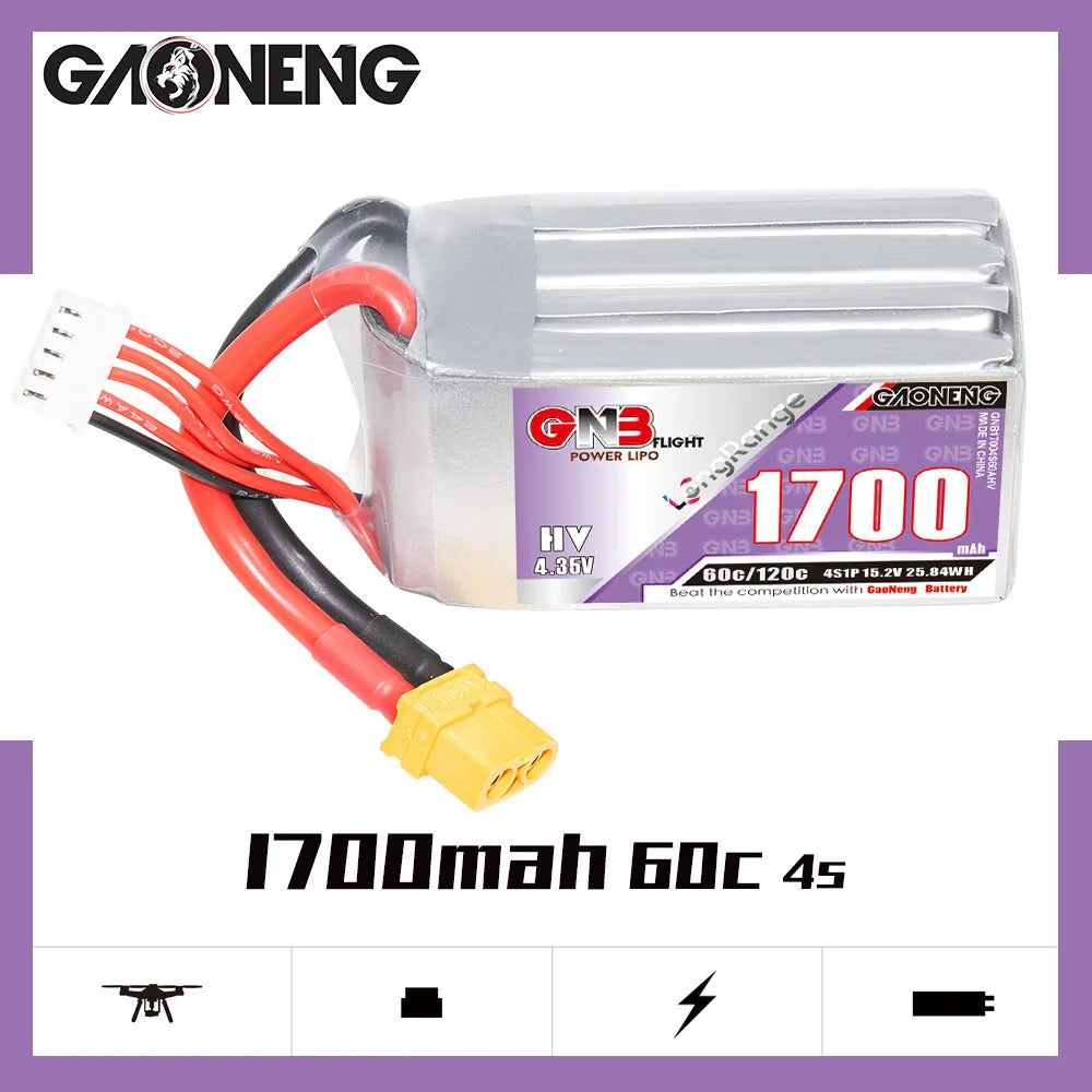 0aa66ceea387c86f9937413546b74a31_O1CN0199qC2z2Gi2KM2Q4su_!!3598899048-0-cib.jpg GNB 4S Drone Battery, This product is a set of high-performance lithium-ion polymer batteries for drones, each with 1700mAh capacity and 60C/120C discharge rates.
