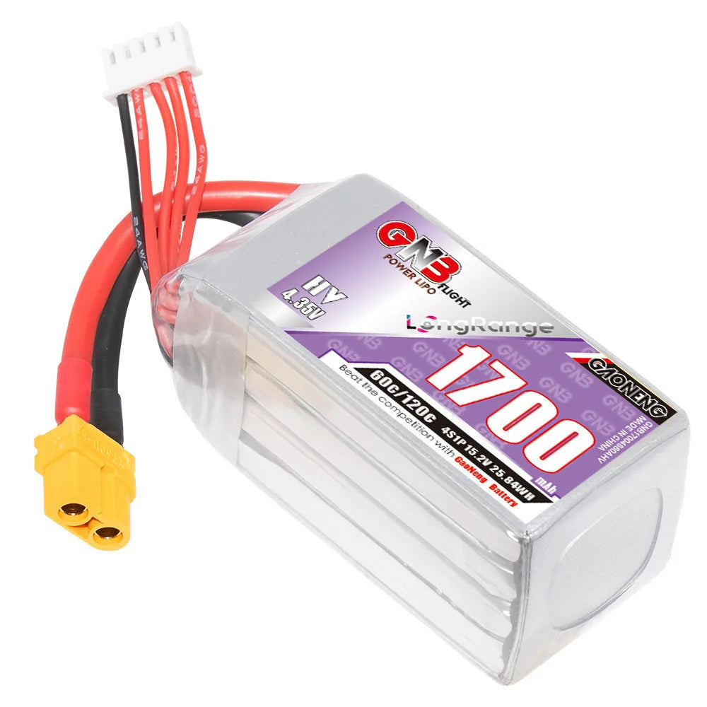 GNB 4S Drone Battery, A LiPo drone battery with 4S cells, 1700mAh capacity, and high discharge rates of 60C and 120C.