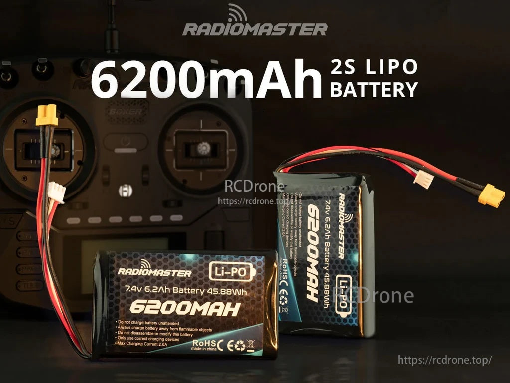 RadioMaster 2S 7.4V 6200mAh LiPo Battery with XT30 main lead and JST-XH balance connector