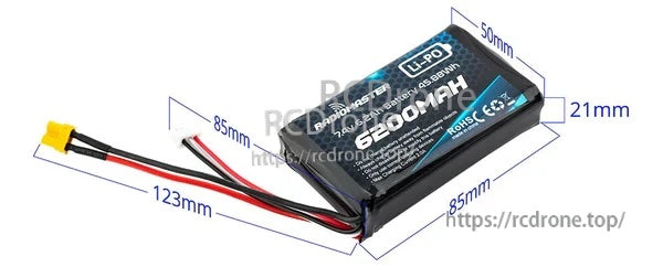 RadioMaster 2S 6200mAh LiPo battery dimensions 85×50×21mm with 123mm lead and XT30 connector