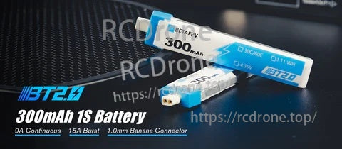 BT2.0 300mAh 1S battery pack with BT2.0 connector highlighting 9A continuous and 15A burst rating text
