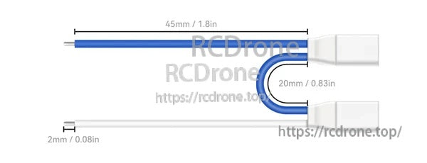 2S whoop pigtail dimensions: 45 mm lead length, 20 mm connector span, 2 mm wire detail callout