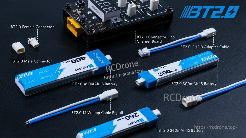 BT2.0 ecosystem parts: male/female connectors, charger board, adapter cable, 1S battery packs, and whoop pigtail