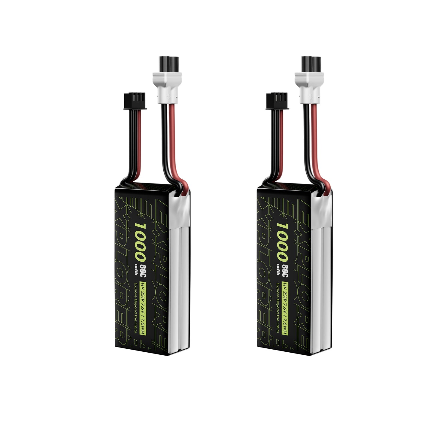Two Flywoo Explorer 1000mAh 2S LiHV LiPo batteries with XT30UP power lead and 3-pin balance connector