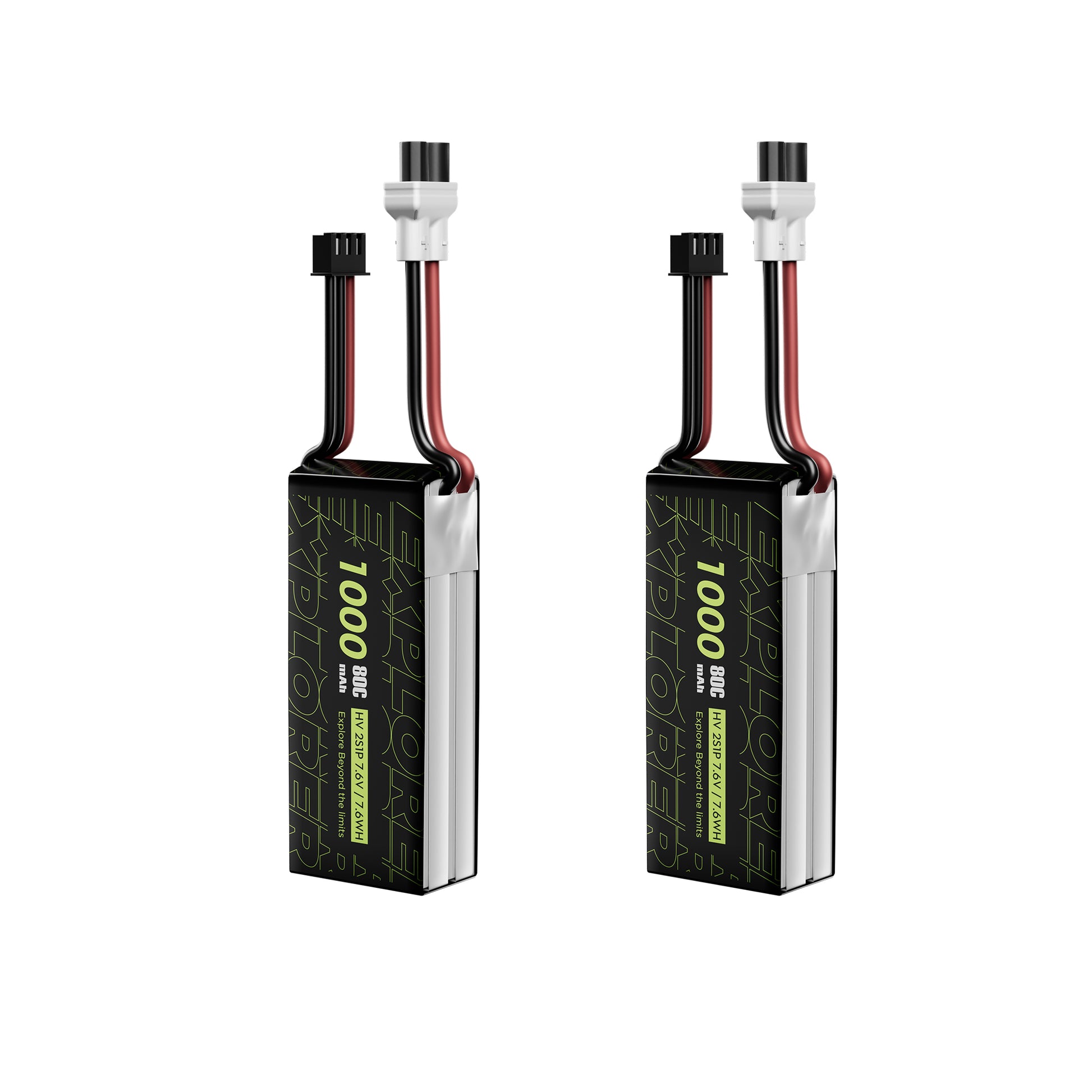 Two Flywoo Explorer 1000mAh 2S LiHV LiPo batteries with XT30UP power lead and 3-pin balance connector