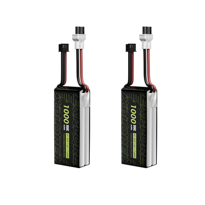 Two Flywoo Explorer 1000mAh 2S LiHV LiPo batteries with XT30UP power lead and 3-pin balance connector