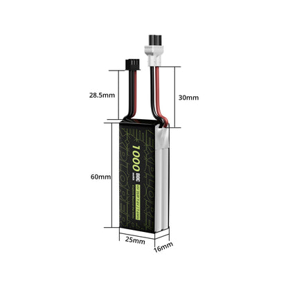Flywoo Explorer 1000mAh LiHV 2S LiPo battery with XT30UP lead, 60×25×16mm size and 28.5–30mm wires