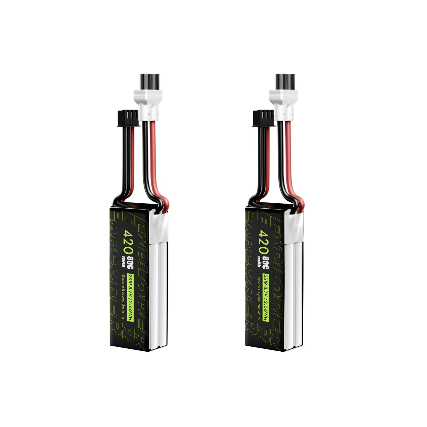 Two Flywoo Explorer 420mAh 2S LiHV batteries with XT30UP power plug and 2-pin balance lead