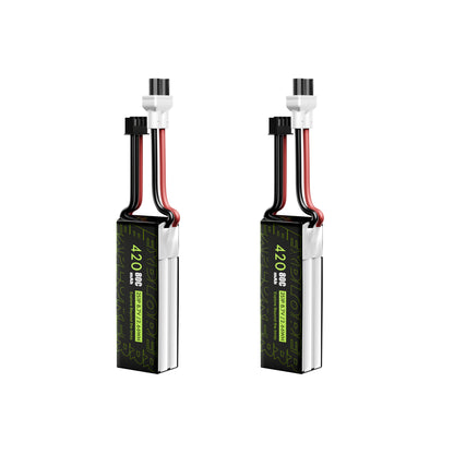 Two Flywoo Explorer 420mAh 2S LiHV batteries with XT30UP power plug and 2-pin balance lead