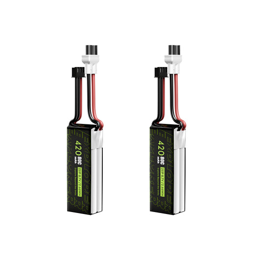 Two Flywoo Explorer 420mAh 2S LiHV batteries with XT30UP power plug and 2-pin balance lead