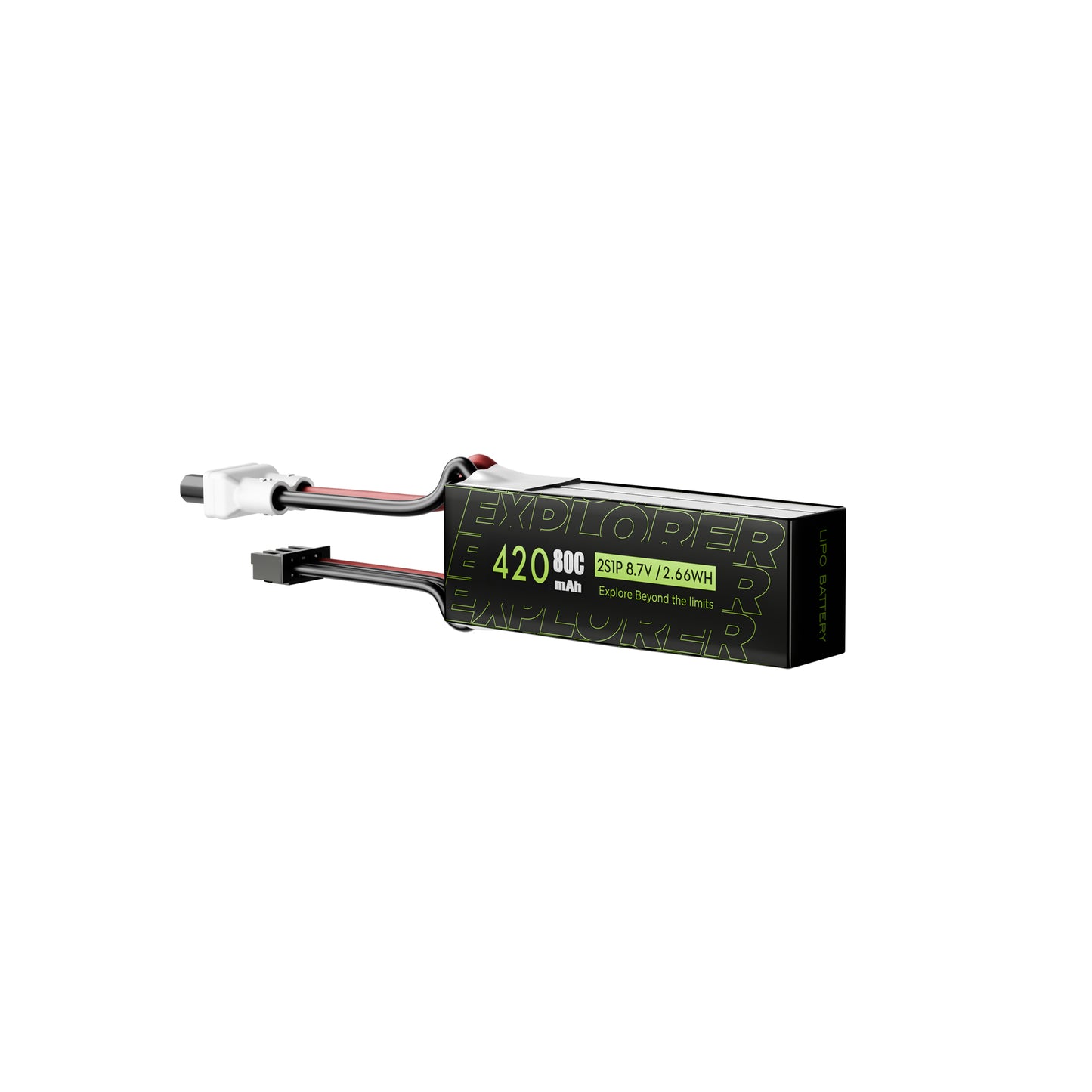 Flywoo Explorer 420mAh 2S LiHV battery pack labeled 80C 8.7V, with XT30UP power lead and balance plug