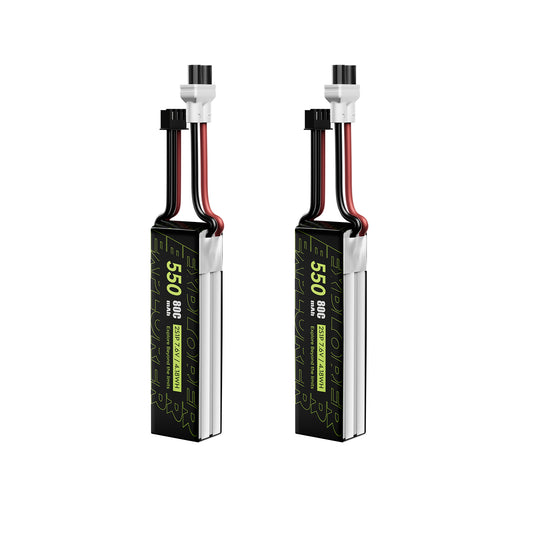 Two Flywoo Explorer 550mAh 2S LiHV LiPo batteries with XT30UP main plug and balance lead cables