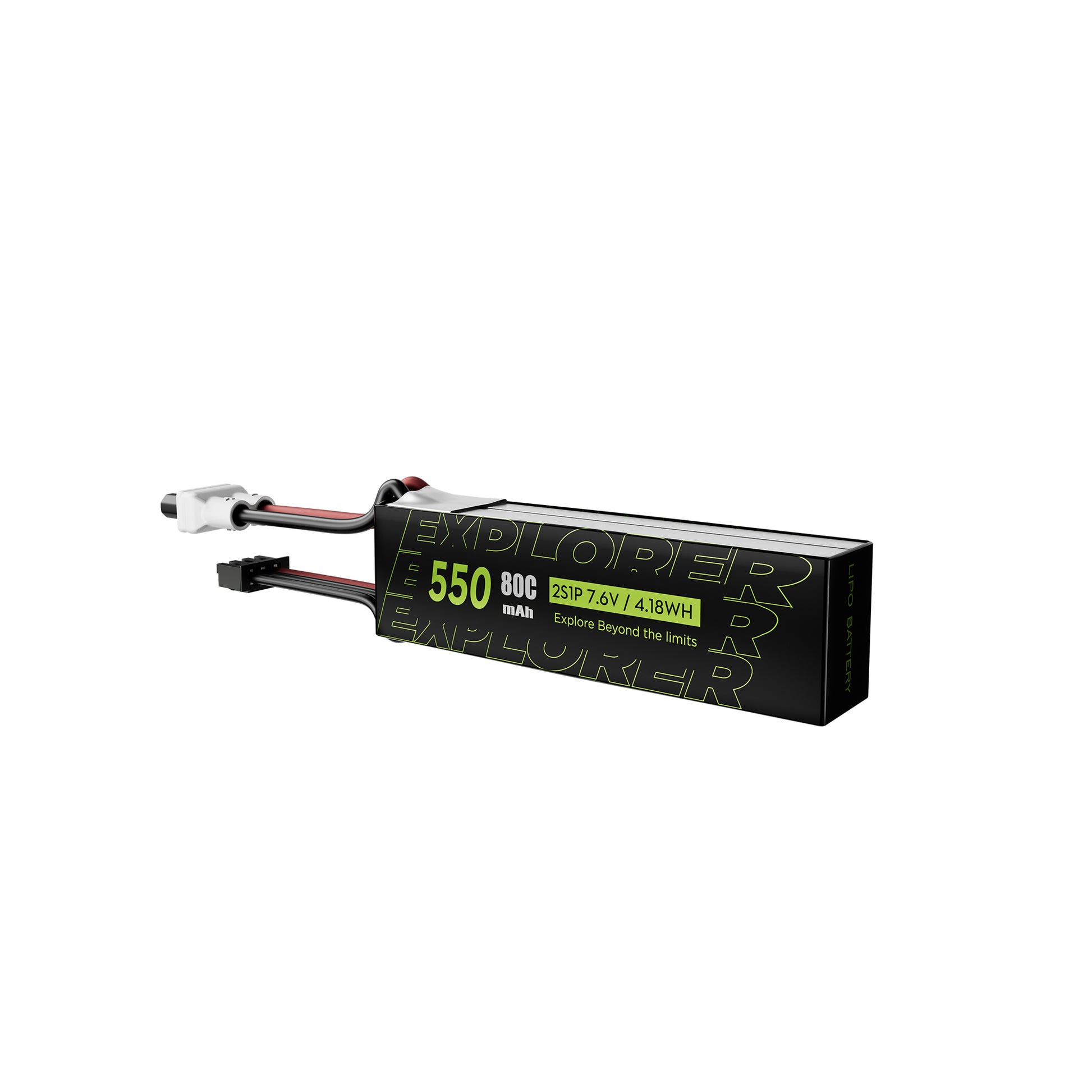 Flywoo Explorer 550mAh 2S LiPo battery pack labeled 80C, with XT30UP power lead and balance connector