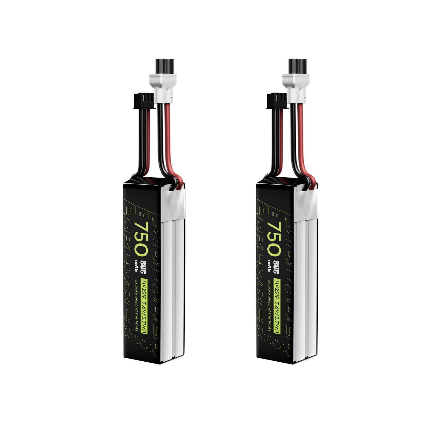 Two Flywoo Explorer 750mAh 2S LiHV LiPo batteries with XT30UP power plug and balance lead (80C)