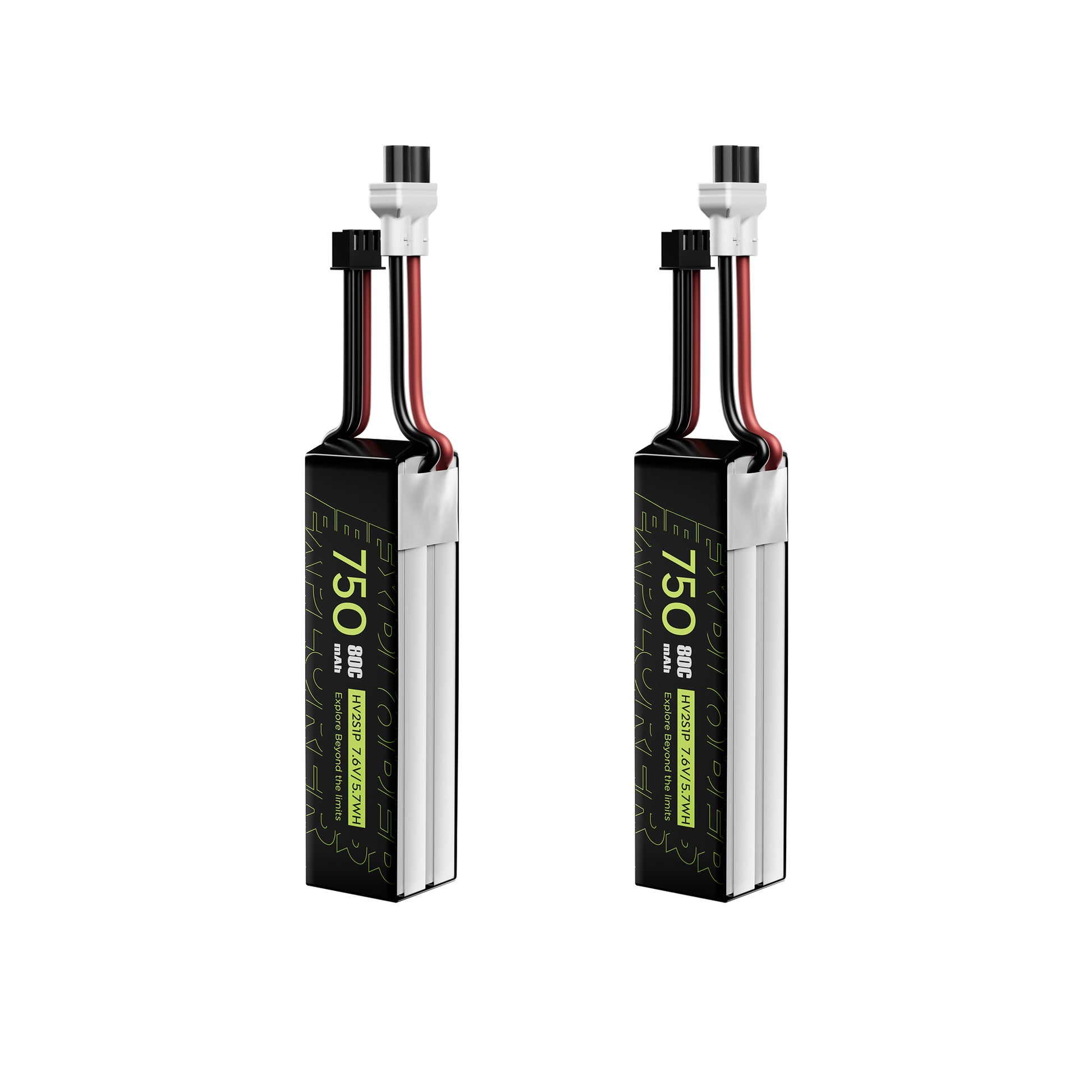 Two Flywoo Explorer 750mAh 2S LiHV LiPo batteries with XT30UP power plug and balance lead (80C)