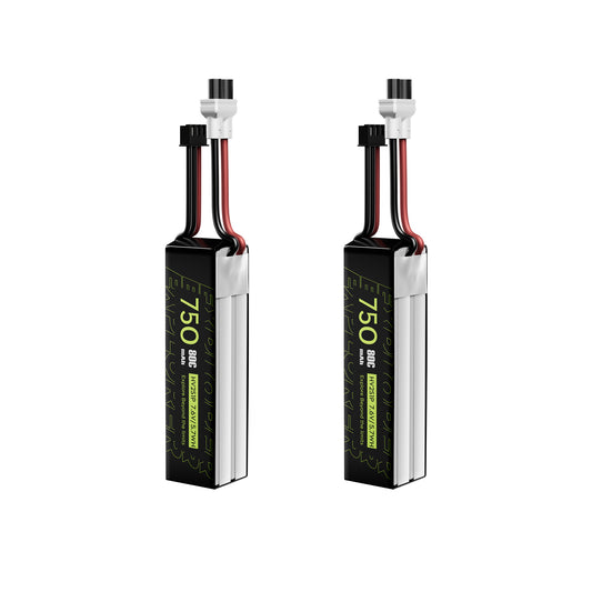 Two Flywoo Explorer 750mAh 2S LiHV LiPo batteries with XT30UP power plug and balance lead (80C)