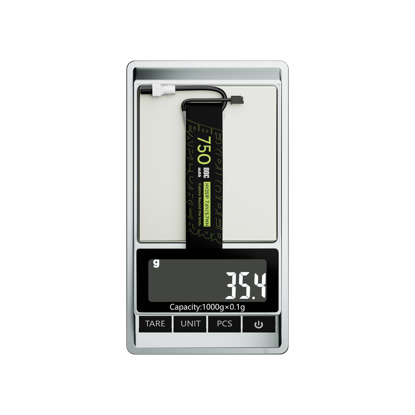 Flywoo Explorer 750mAh 2S LiHV LiPo battery with XT30UP lead and balance plug on a scale reading 35.4g