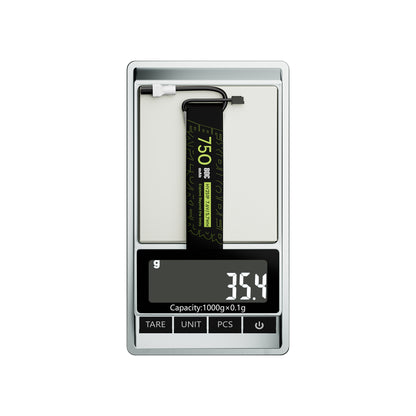 Flywoo Explorer 750mAh 2S LiHV LiPo battery with XT30UP lead and balance plug on a scale reading 35.4g
