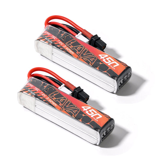 BetaFPV LAVA 450mAh 75C LiHV battery 2-pack with XT30 lead and balance plug, angled top view