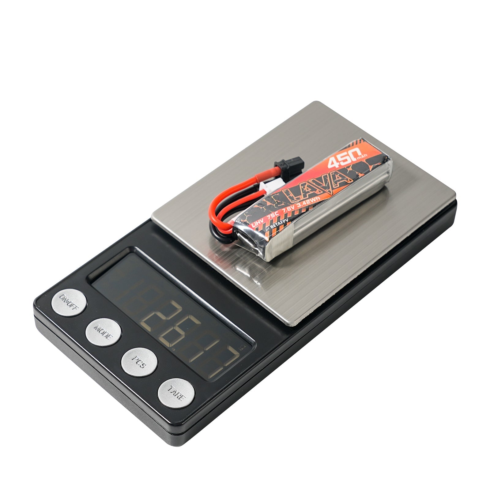 BetaFPV LAVA 450mAh 75C LiHV battery on digital scale showing 26.17 g weight