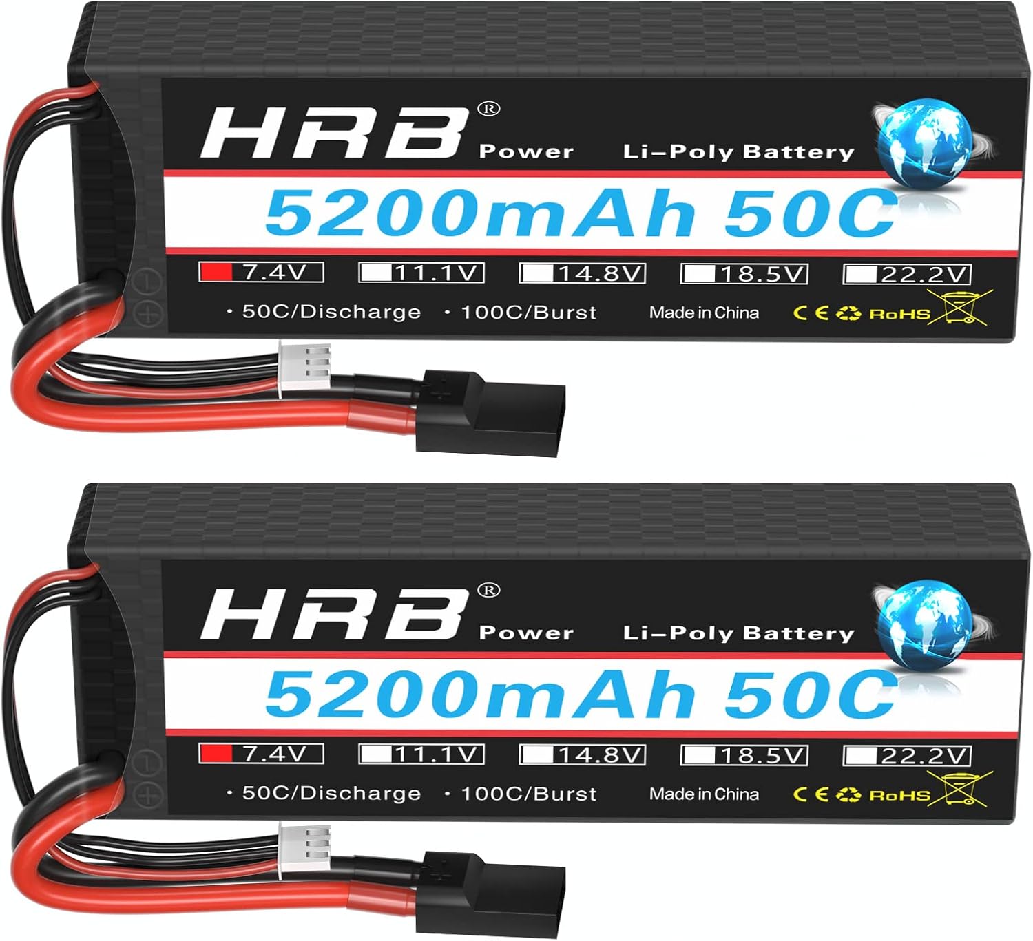 HRB 7.4V 2S 5200mAh 50C TRX hardcase LiPo battery 2-pack, label and TRX plug lead