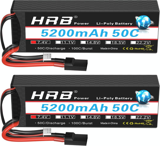 HRB 7.4V 2S 5200mAh 50C TRX hardcase LiPo battery 2-pack, label and TRX plug lead