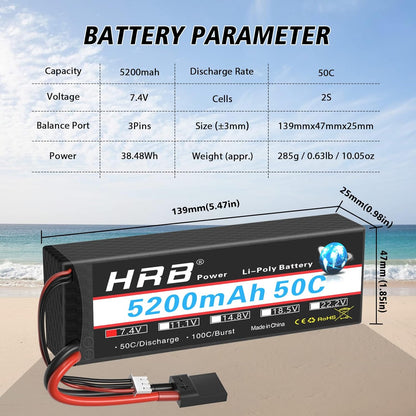 Battery parameter chart for HRB 7.4V 2S 5200mAh 50C LiPo, 139×47×25mm size and 38.48Wh