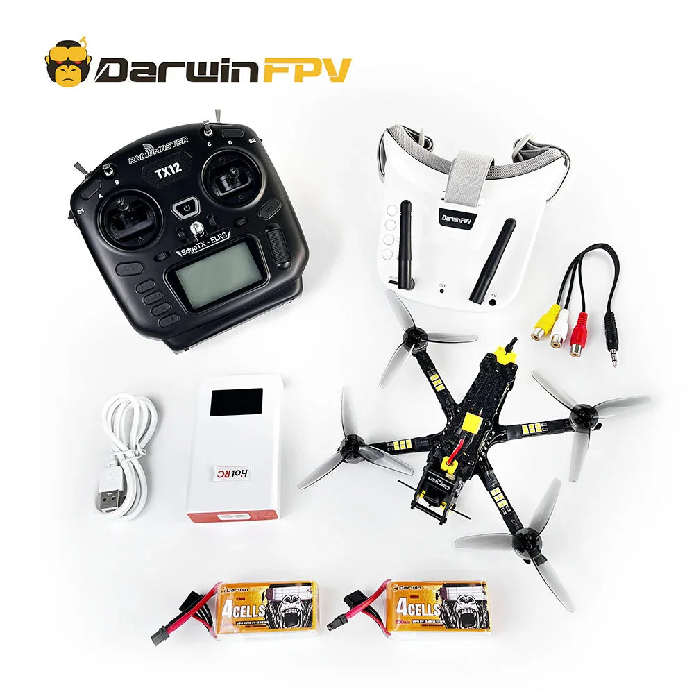 DarwinFPV kit contents with TX12 transmitter, FPV goggles, quadcopter, charger box, USB cable and two LiPo batteries