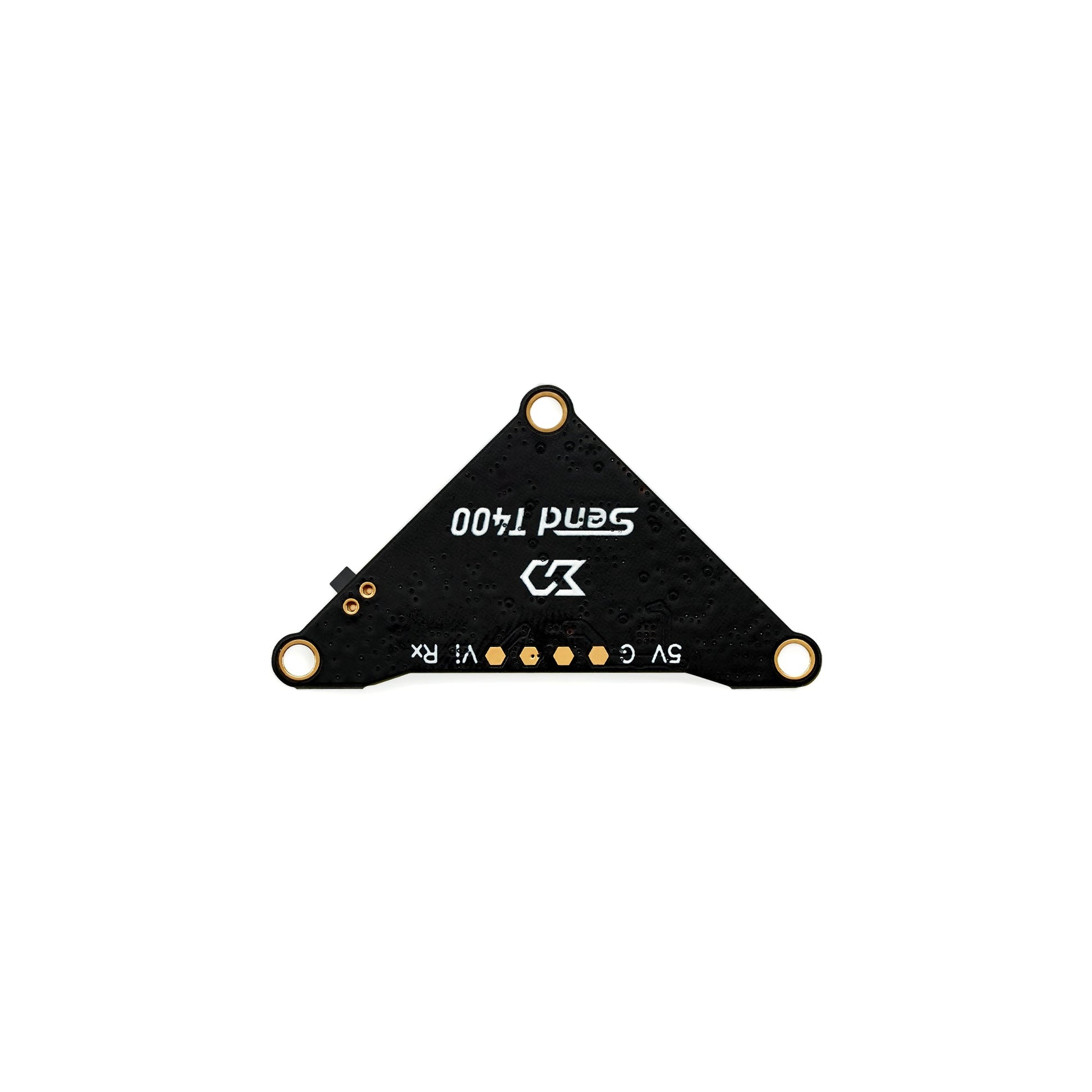 Back side of VTX board showing Send T400 logo and solder pads for 5V, G and RX
