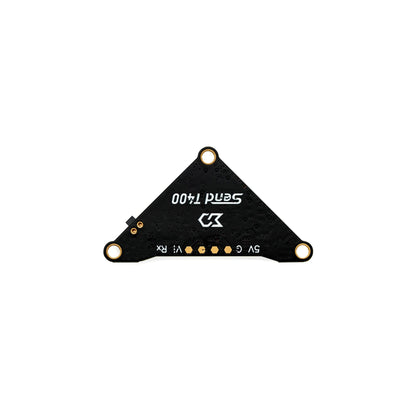 Back side of VTX board showing Send T400 logo and solder pads for 5V, G and RX