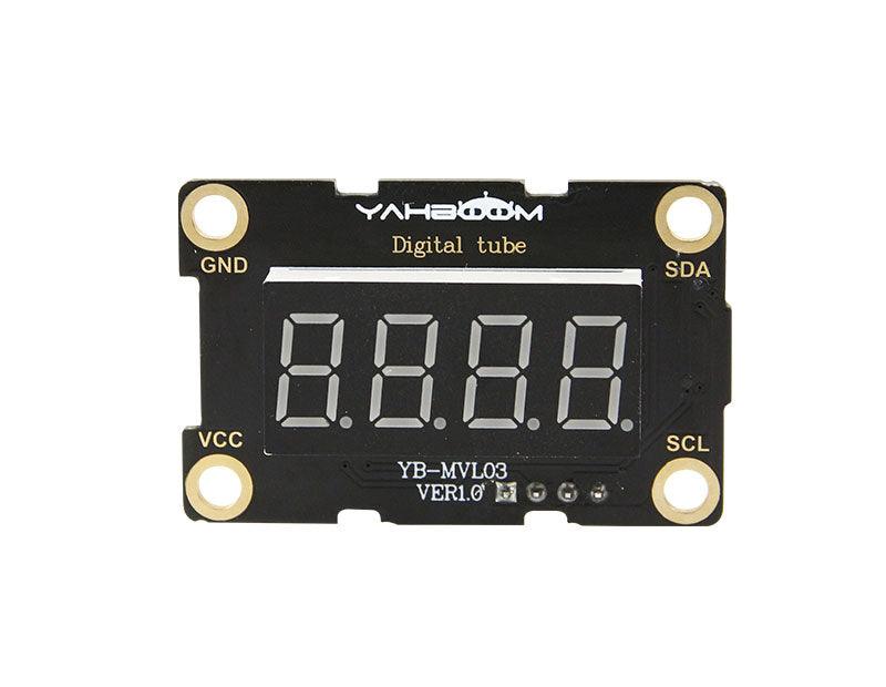 Yahboom YB-MVL03 TM1650 I2C 0.36in 4-digit digital tube module, front view with GND VCC SDA SCL labels
