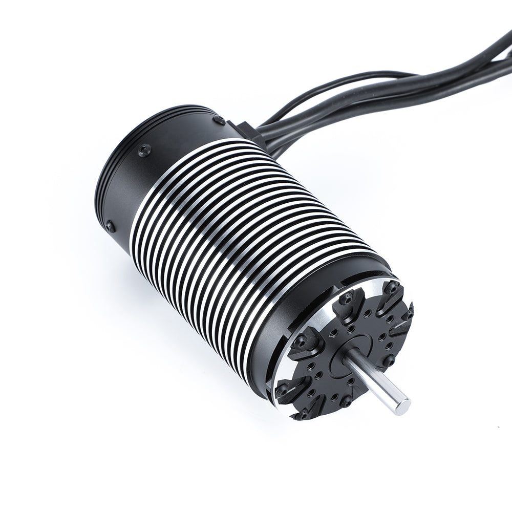 MAD Runner70125 sensored brushless motor with finned aluminum can, output shaft, and attached wiring leads