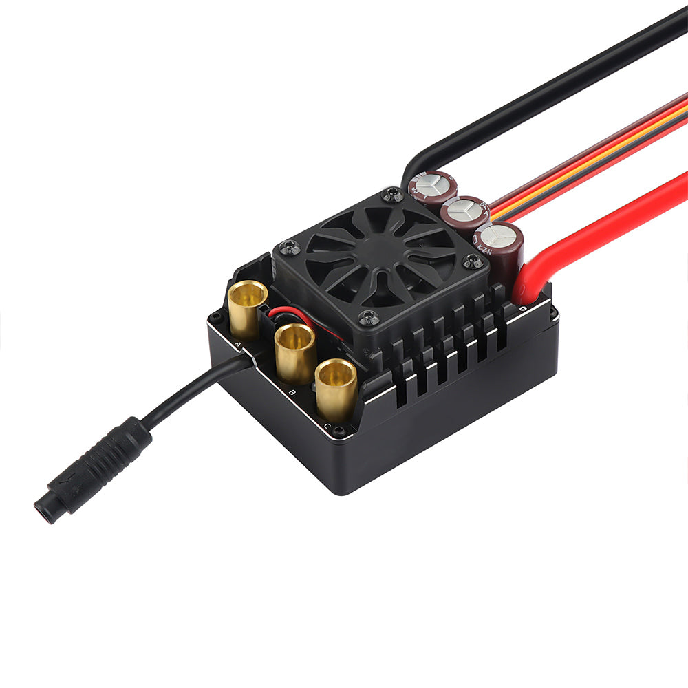 MAD MAX8 HV 300A 3-8S Sensored Brushless ESC, MAD MAX8 HV 300A sensored brushless ESC with cooling fan, large capacitors, and bullet motor connectors