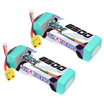 Two GNB 8500mAh 3S LiPo batteries shown together with XT90S anti-spark discharge leads
