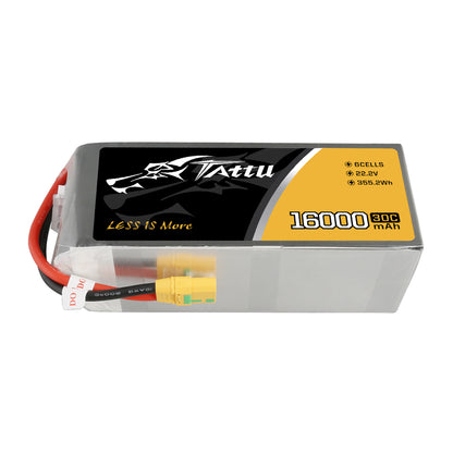 Tattu 16000mAh 6S 30C 22.2V Lipo Battery, High-capacity Lipo battery with XT90-S plug, suitable for powering demanding devices.