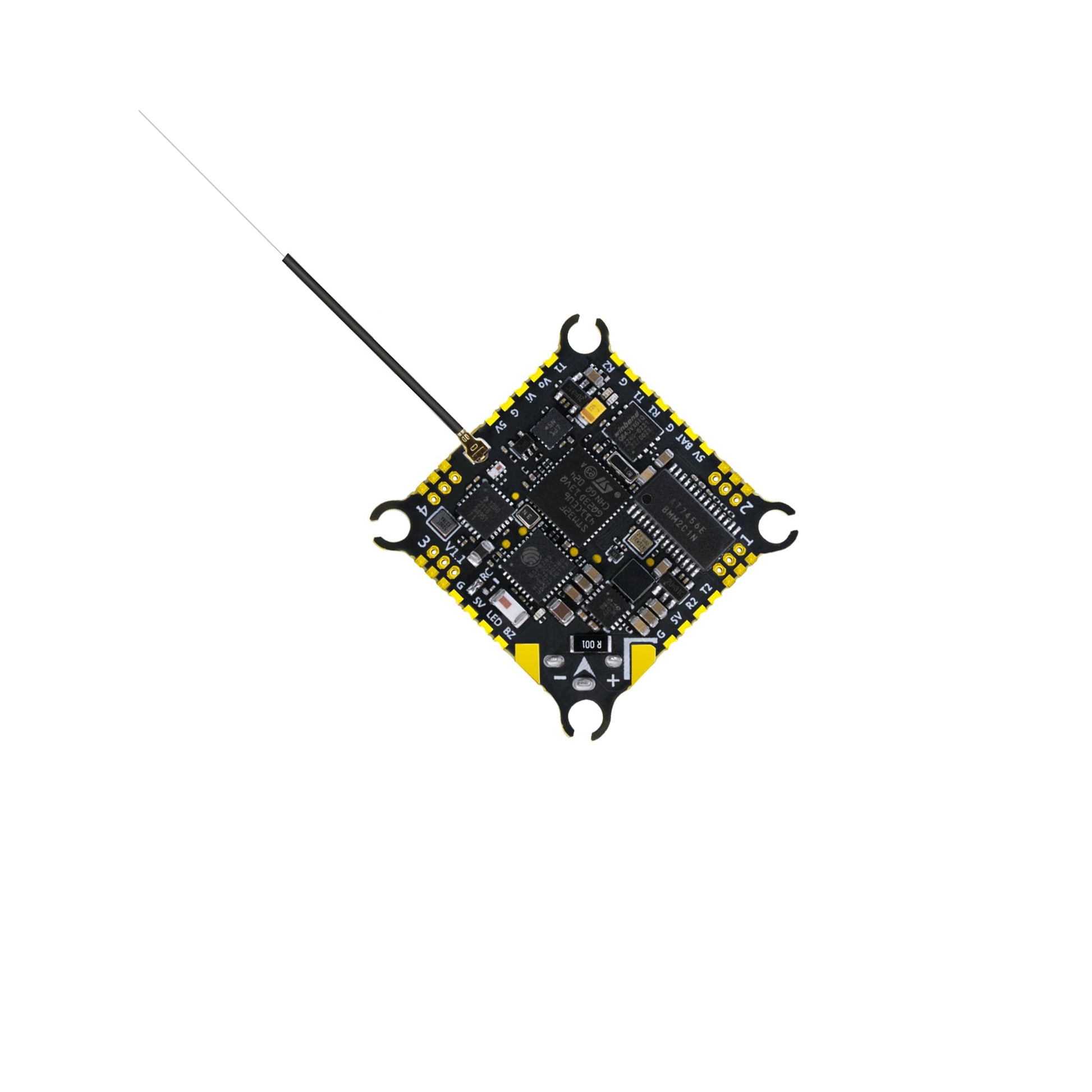 Sub250 Redfox A2 12A AIO flight controller underside view showing MCU and solder pads, antenna