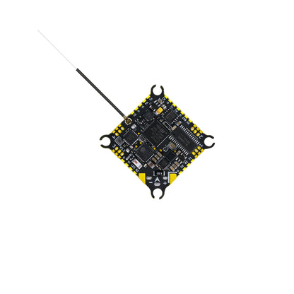 Sub250 Redfox A2 12A AIO flight controller underside view showing MCU and solder pads, antenna