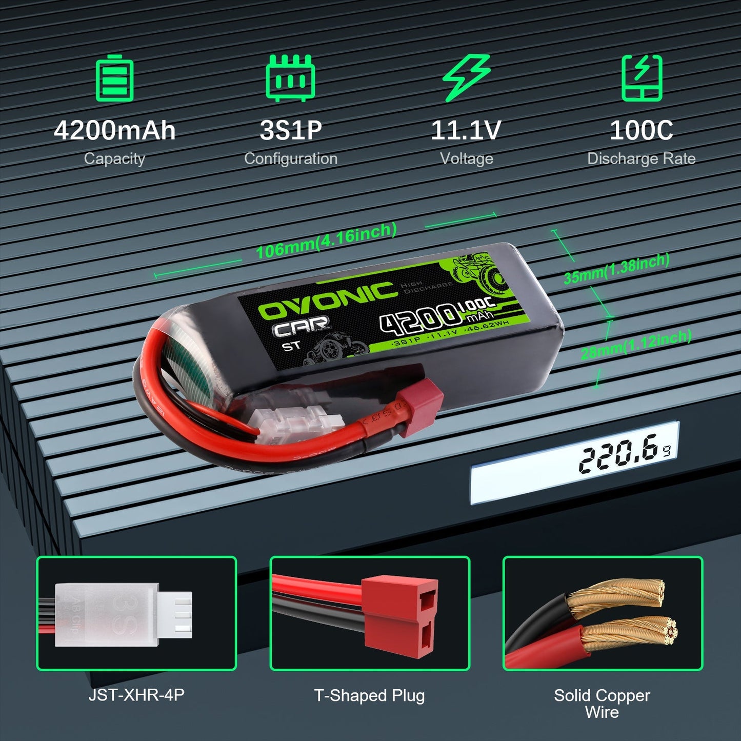 Ovonic 4200mAh 3S 11.1V 100C LiPo battery size and weight chart with JST-XHR balance plug and T plug