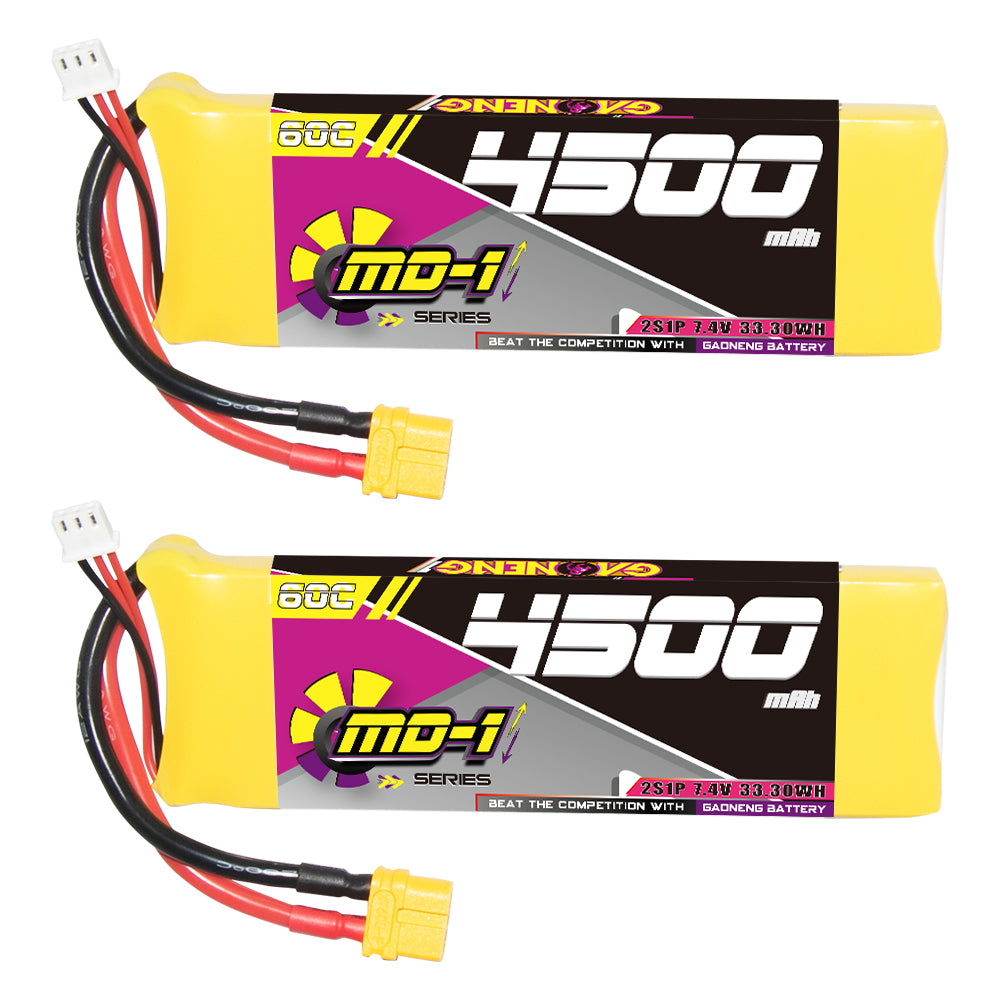 Front view of the GAONENG GNB MD-1 2S 7.4V 4500mAh LiPo battery with XT60 lead